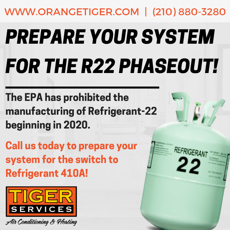 Refrigerant 22 is phasing out in 2020! Learn more about how the EPA is prohibiting it’s manufacturing and how Tiger Services can help you prepare for the switch. Read more in our blog: orangetiger.com/r22-phasing-ou… (210) 880-3280 #TigerServices #AC #SanAntonio #R22 #HVAC #Texas #EPA