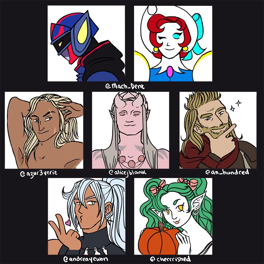 shows up three months late i swear i didn't forget

@Mach_Dent - Mach Valan and Esper
@azur3verie - disaster boi Eldrin
@alicejblank - Meena
@an_hundred - Dirk
@andreayewon - (hot gorl)
@Cherrrished - (kyoot gorl) 