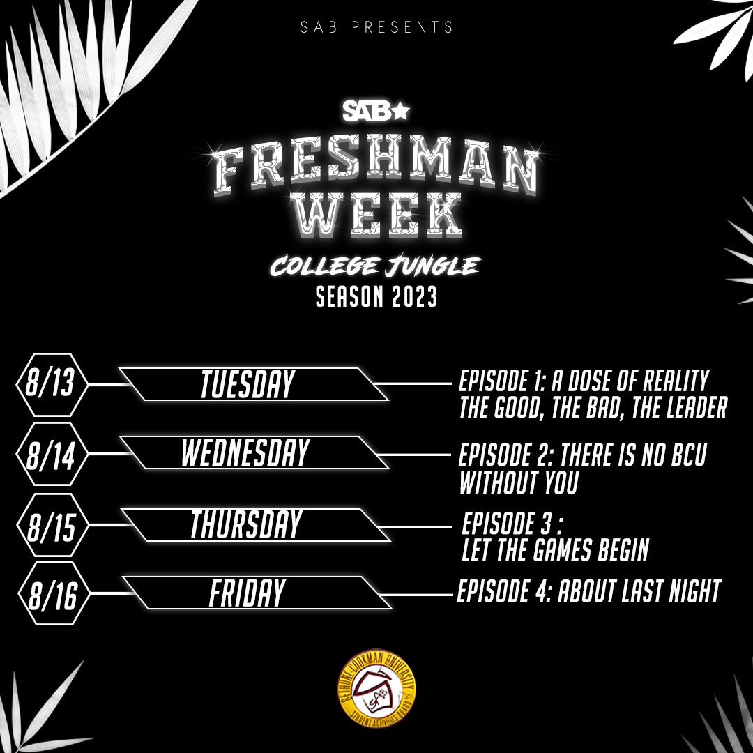 sab_bcu's tweet photo. Aug. 13-16th. It’s the return of the hottest freshman week out. Stay tuned for the season premiere of College Jungle season 2023. Save the dates Aug. 13-16th because it’s going down! #SABDoesThis🐯💥 #Savethedates #WeekofWelcome #SABrebooted🔥 #BCU19 #BCU20 #BCU21 #BCU22 #BCU23 https://t.co/O51XWlK2Rk