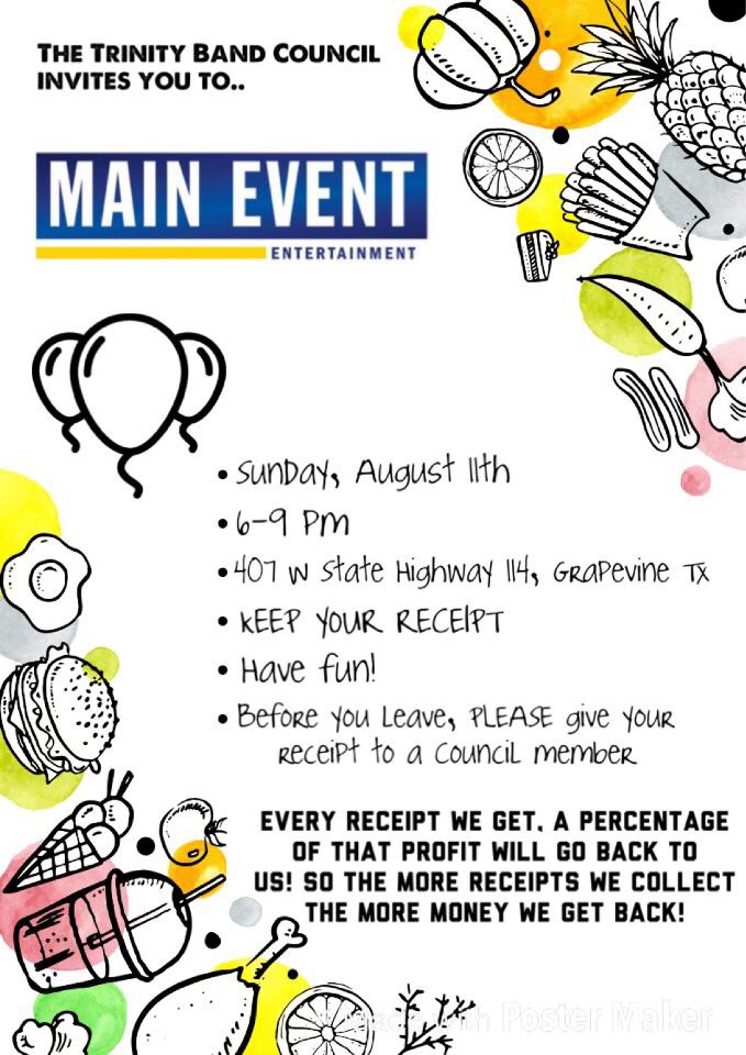 TrinityBandTX's tweet photo. Don’t forget to support council today at main event 6-9!!🎊 https://t.co/k720qL3ptx