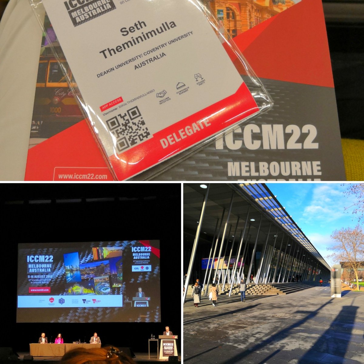 STheminimulla's tweet photo. Representing @CarbonNexus, @DeakinIfm, @CovUni_FTC, and both @Deakin and @covcampus at @iccm22 today. It would have been great if the sun had come out over #Melbourne today, but it's good to see how the field of #composite #materials is evolving. #studyabroad #PhDlife #cotutelle! https://t.co/V2vW7uSEYZ