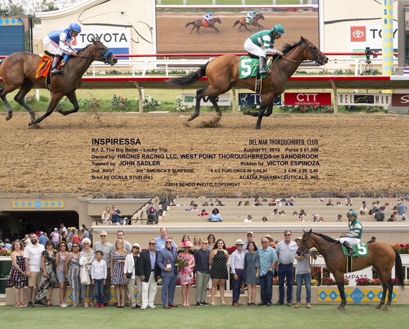 sadlerracing's tweet photo. Inspiressa debut - what a beautiful race @DelMarRacing Congrats to all her connections and our amazing team at the barn ! We could not be more proud ! @westpointtbred @KostaHronis @johnwsadler @JuanLeyva1984 @stephrosa3 https://t.co/G2lw8ypnJK