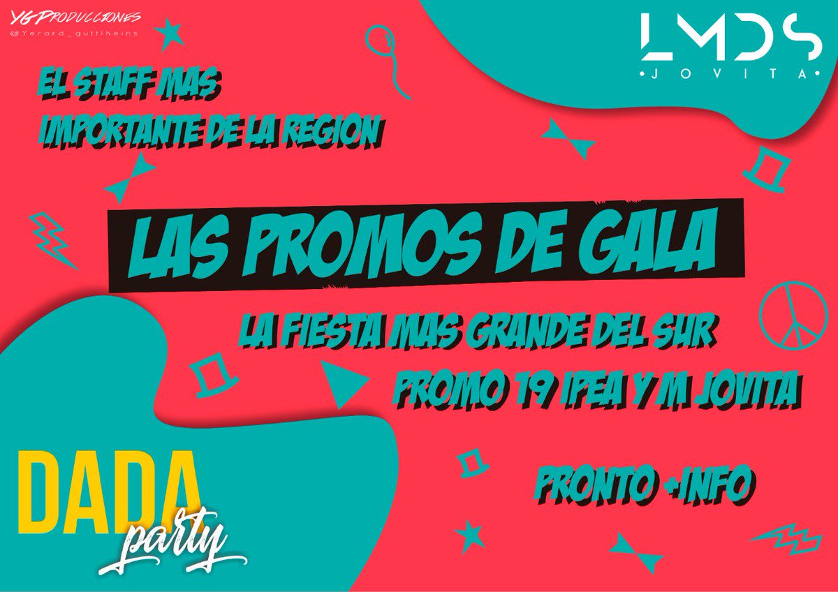 FrancoPardo9's tweet photo. VOLVEMOS CON VOS
DADA PARTY EN JOVITA
Por primera vez las promos de la región en NOCHE DE GALA🕴🍸

ANTICIPADAS EN VENTA 
🔖PEDI LA TUYA🔖
Promo 19 IPEAYM 221 SAN CARLOS
TRANSPORTE DE TODA LA ZONA ✈
ENCARGUEN SUS LUGARES CON TIEMPO🛵
ANOTÁ, 17 DE AGOSTO. TODO EL MUNDO A JOVITA https://t.co/iWCGfjHk6T