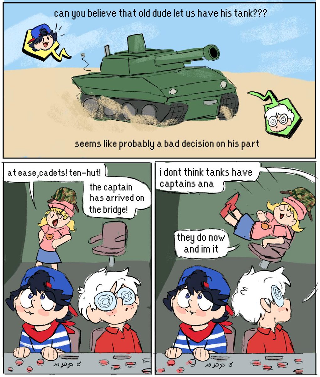 three 12 year olds drive a tank 