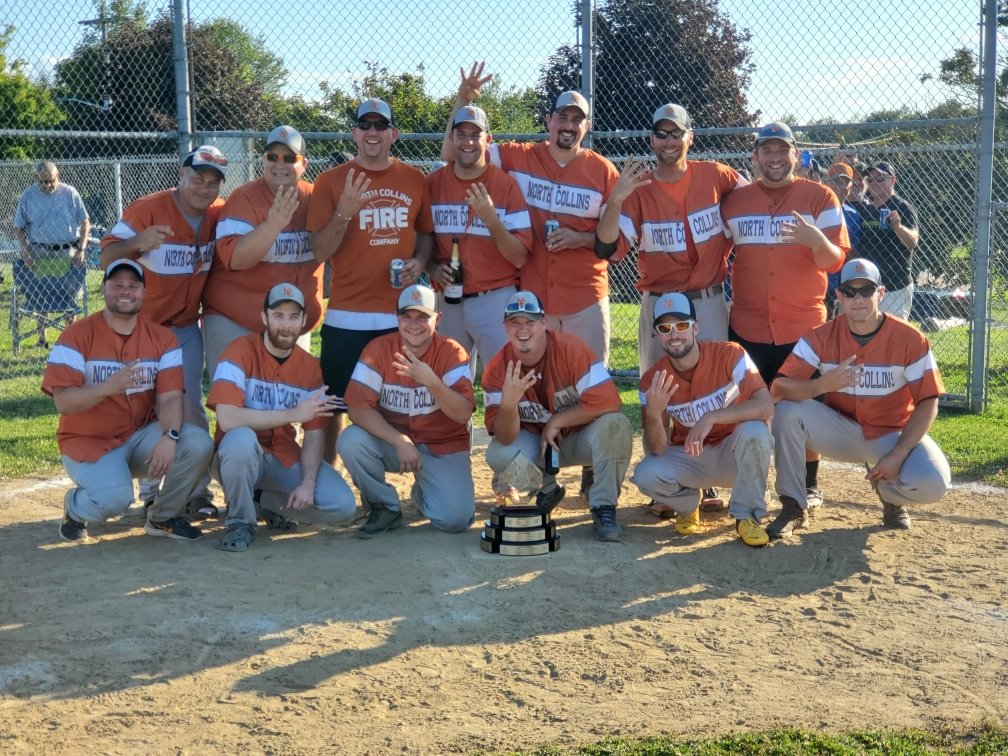NCollinsFire's tweet photo. The #fightfor4 is complete. Presenting your 4x Erie County Volunteer Firemans Softball Association Champs, North Collins. https://t.co/anVPovKZ28