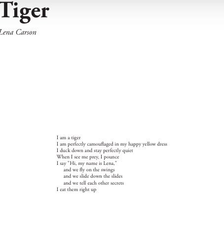 FlyPaperMag's tweet photo. Lena Carson is a 6 year old poet from Western PA that happens to be the sweetest human on the planet (@MyNrhindi can confirm). Here’s her poem “Tiger” in Issue 11: https://t.co/2SM8wjaSLP