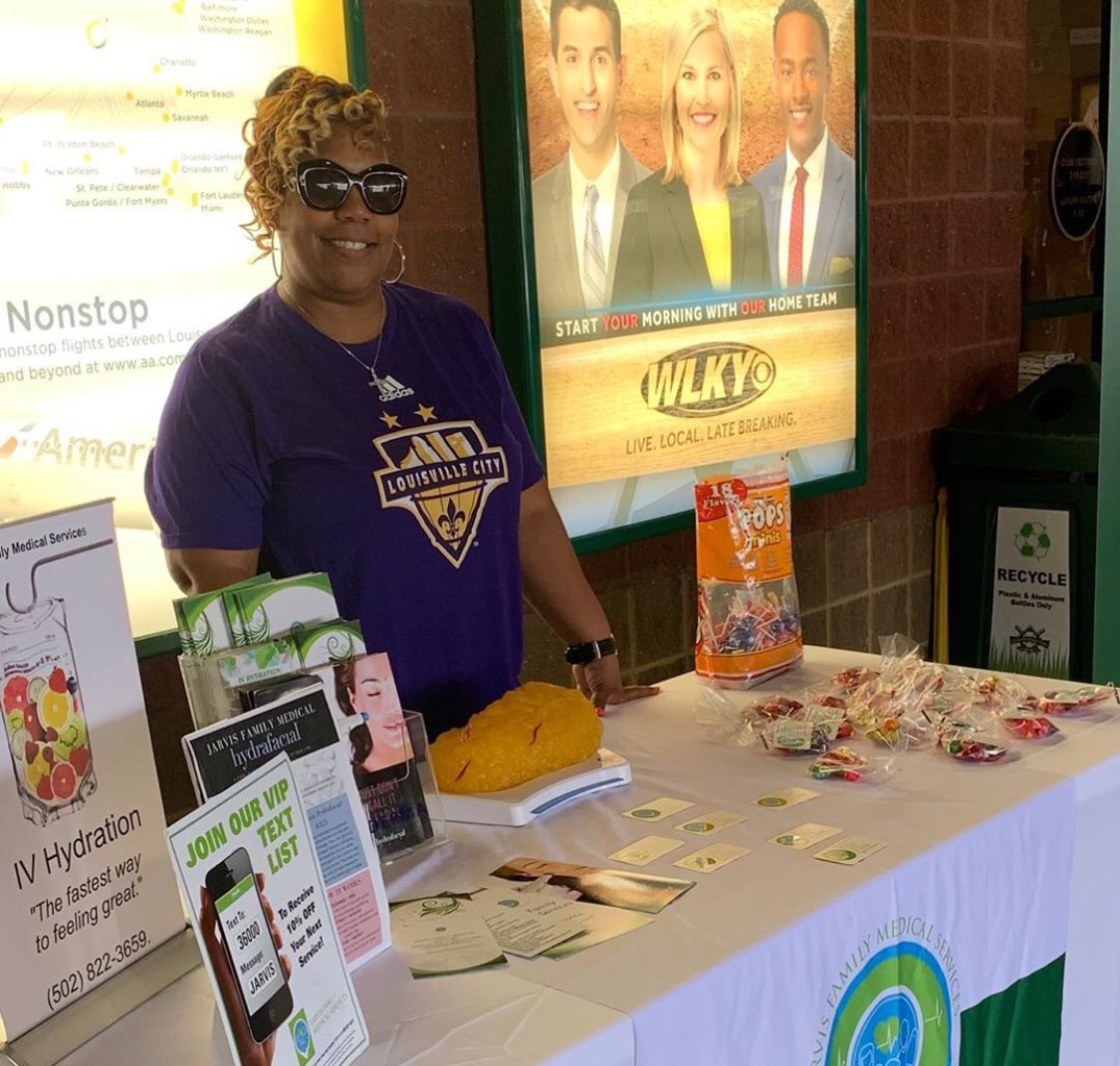 JarvisFamilyMed's tweet photo. Jarvis Family Medical Service CEO @karlajarvis is out here at Louisville Slugger field cheering on the champs! @loucityfc 
It’s an honor to serve this team by keeping them hydrated with our IV Hydration! ���️🥅

 #botoxqueen #ivhydration #detox #primarycare #weightloss https://t.co/aRwkVSwnxy