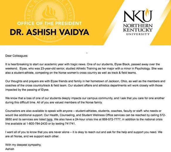 NKUValhalla's tweet photo. All of NKU is hurting for the loss of Elyse Black. Everyone that knew her remembers her as passionate, hard working, committed, and supportive of anyone. If you ever need support or someone to talk to, our DMs are always open. 

RIP Elyse 💔 https://t.co/Dmok8N7CQc