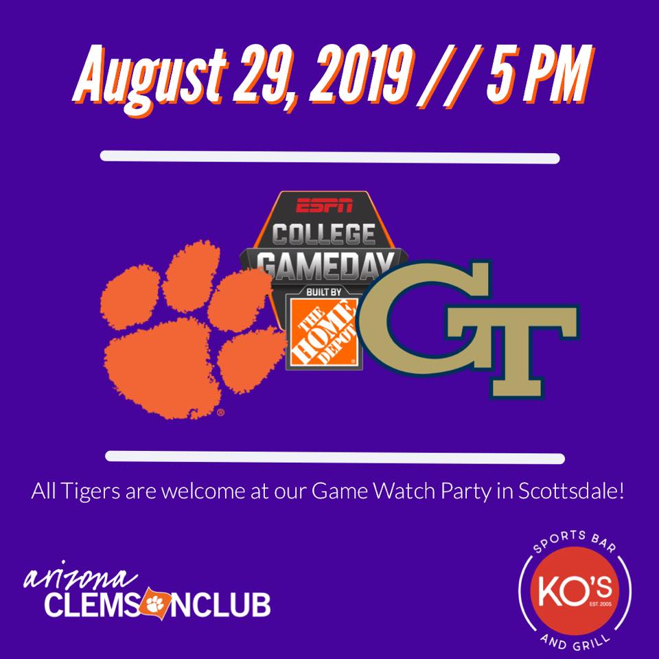 AZClemsonClub's tweet photo. Join us at @KODonnells to kickoff off the football season! Game time is 5:00pm AZ time. All Tigers are welcome at our game watch parties every week, including Tiger Cubs! Go Tigers! #ClemsonFamily #ClemsonClubEvents https://t.co/A1X6GiVg0Z