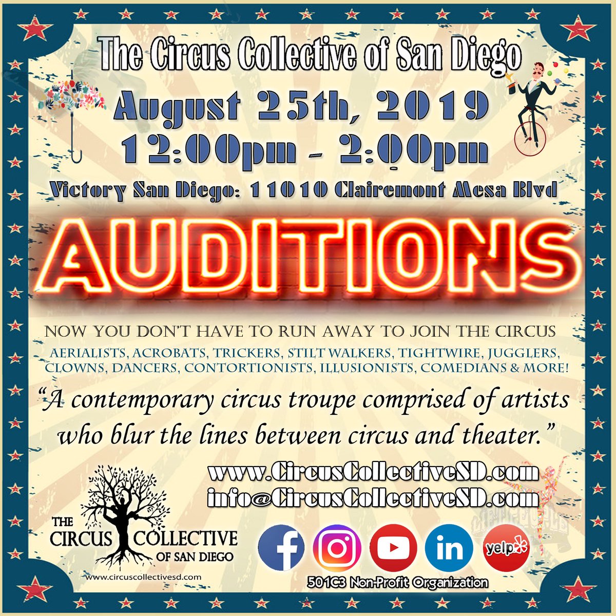 CircusSD's tweet image. Open Call Circus Collective Auditions!
#circuscollective
#sandiegocircus
#jointhecircus
#Acrobat 
#sandiegoarts
#circusauditions