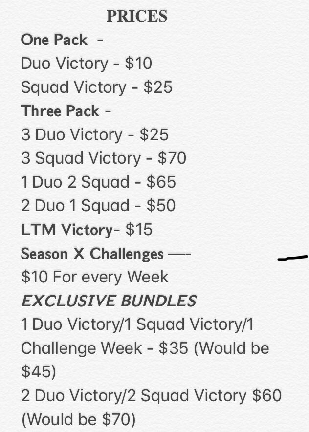 FNcarries's tweet photo. @FortniteGame If you need help getting a win or doing challenges Follow and Message us!! Over 1,000 wins and over 100 people helped already! Message us! (Prices are negotiable) https://t.co/JojaYinEyo