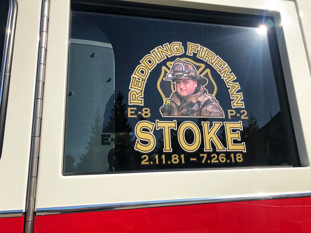 reddingff_1934's tweet photo. Over the last year, each of our fire apparatus have proudly displayed these memorial stickers for Fire Chief Gray and Fireman Stoke. While the stickers may be gone, their legacy and memory will forever be with us. #reddingfirefighters https://t.co/XS7x0JtaRx
