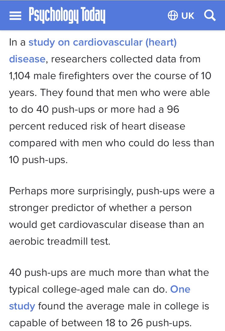 Rob Henderson on X: “men who were able to do 40 push-ups or more had a 96  percent reduced risk of heart disease compared with men who could do less  than 10