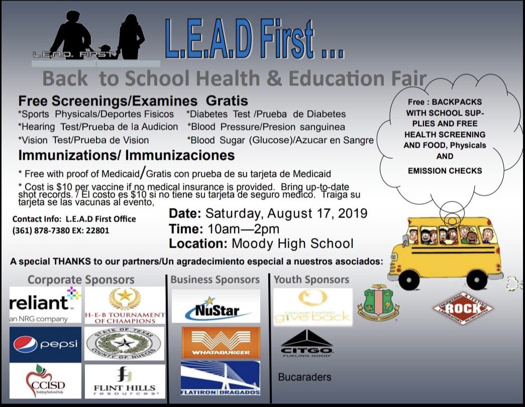DrSandraClement's tweet photo. Back to School Health and Education Fair next Saturday. #LeadFirst #ccisd #citgo https://t.co/0nYflSix0v