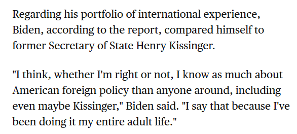 StopBiden's tweet photo. Joe Biden recently said he knows more about foreign policy than anyone but Kissinger.

But President Obama's Defense Secretary Robert Gates said Biden has been wrong about *every* major foreign policy decision of the last 40 years.

#SayNoToJoe https://t.co/orG39FGIzW