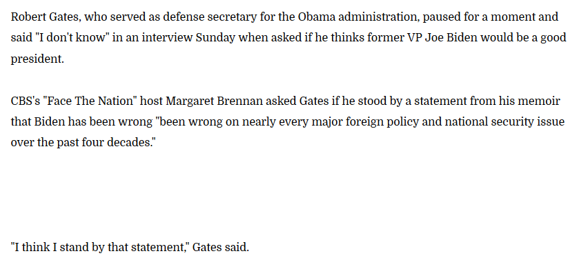 StopBiden's tweet photo. Joe Biden recently said he knows more about foreign policy than anyone but Kissinger.

But President Obama's Defense Secretary Robert Gates said Biden has been wrong about *every* major foreign policy decision of the last 40 years.

#SayNoToJoe https://t.co/orG39FGIzW