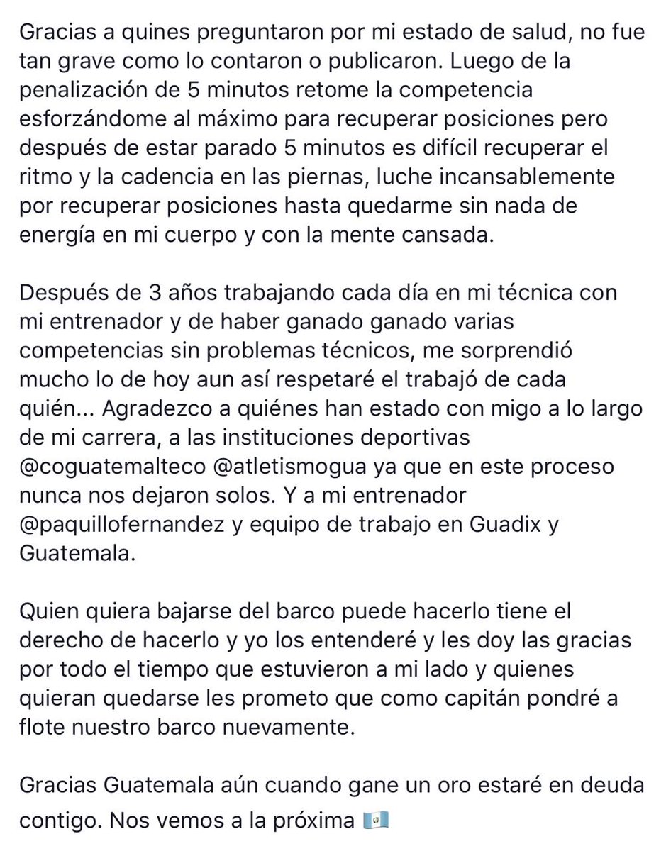 GuatemalaPost's tweet photo. @BarrondoErick agradece los comentarios de apoyo, luego del inconveniente que tuvo en su participación de hoy en los Juegos Panamericanos. https://t.co/qLYCo3dJWt