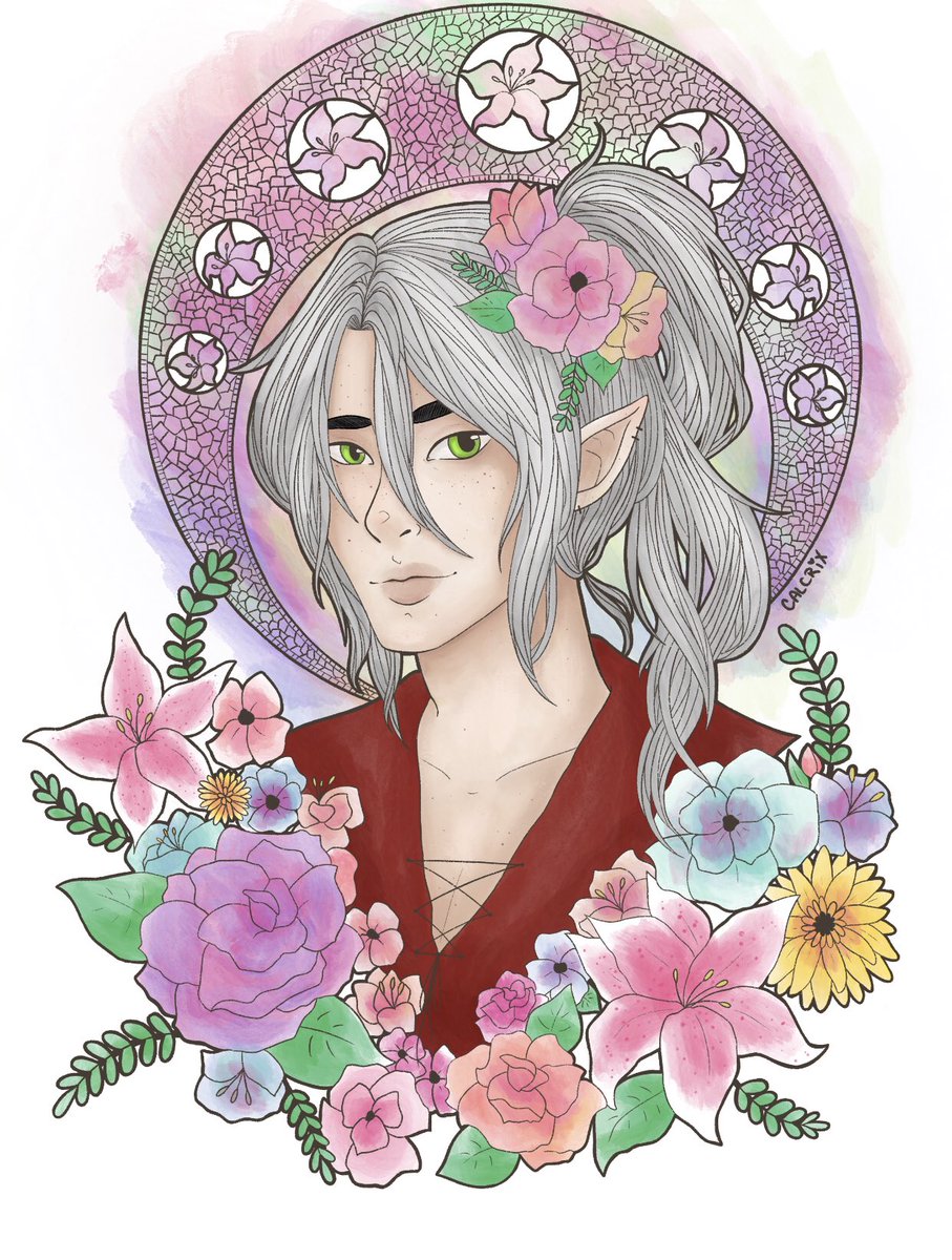 calcrixart's tweet photo. @TheFinalBam sorry it took me 3 whole ass days to see your demand. I’m really bad at Twitter #art #watercolor #digitalartwork #digitwatercolor #halfelf #nouveau #flowers https://t.co/Oo3nmWsicv
