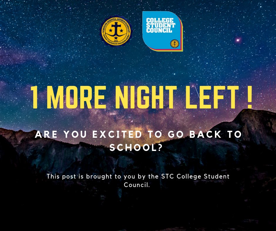 STCSCOfficial's tweet photo. THERESIANS! Are you excited to go back to school?

We definitely are! Just 1 more night left till the start of school. Don't forget to bring your admission slip and a water bottle as STC promotes Zero Plastic.

See you tomorrow Theresians! https://t.co/UuO3MIRxfE