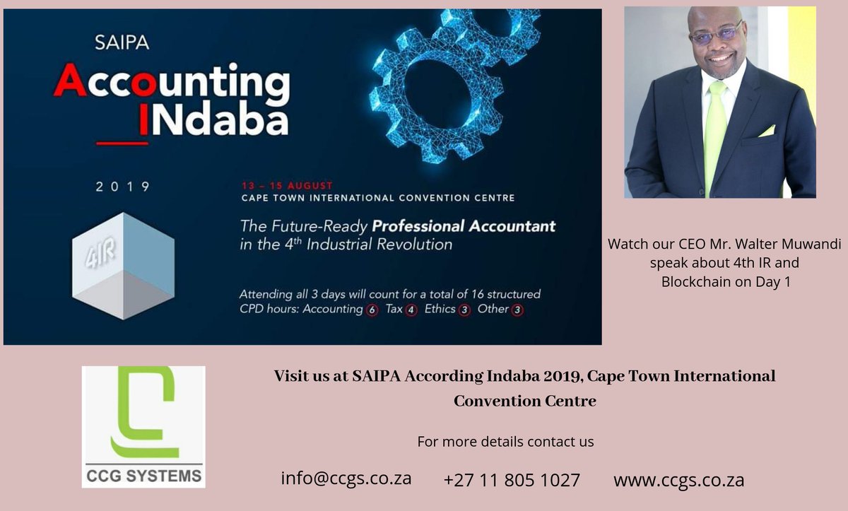 CCGSYSTEMS's tweet photo. Watch our CEO Mr. Walter Muwandi speak about 4th Industrial Revolution and Blockchain on 13th August 2019 at SAIPA Indaba, at Capetown  International Conventional Center @Camelsawalter
@titus_dube
#ERP #4thIR #SAIPA #SAIPAindaba #blockchain #MunicipalSolutions #HRandPayroll https://t.co/Aad4vFCjeU