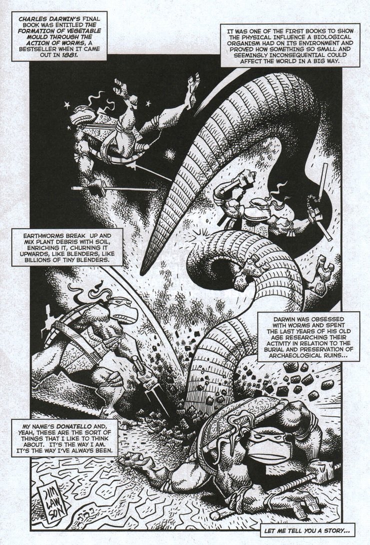 And now we're onto Tales volume 2, one of the most eclectic, occasionally haunting and often lovingly bonkers Turtles series. It is my veryiest favourite! First frontpiece by Jim Lawson. I love the zig zag way the characters draw your eyes, with Don looking right at us.