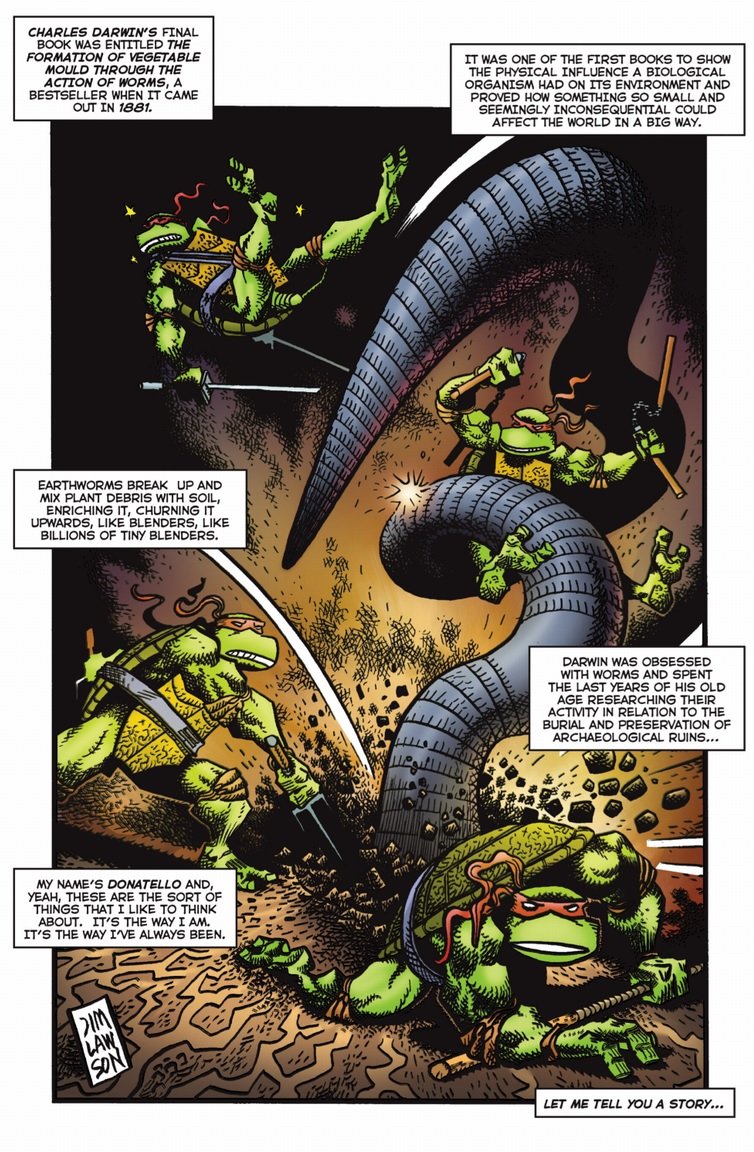 And now we're onto Tales volume 2, one of the most eclectic, occasionally haunting and often lovingly bonkers Turtles series. It is my veryiest favourite! First frontpiece by Jim Lawson. I love the zig zag way the characters draw your eyes, with Don looking right at us.