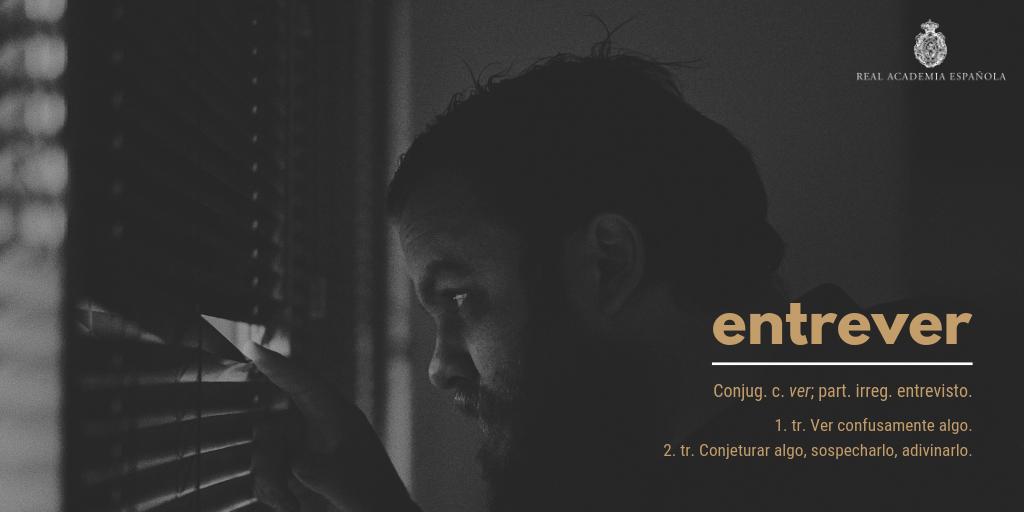RAEinforma's tweet photo. #PalabraDelDía | «Entrever». 
Este verbo se conjuga como «ver»:
—Entreveo, entreveo.
—¿Qué entrevés?
Puesto que formas como «ves», «ve» o «vio» ya no son monosílabas, se tildarán si es necesario: «entrevés», «entrevé», «entrevió». https://t.co/DuVljgSPKb