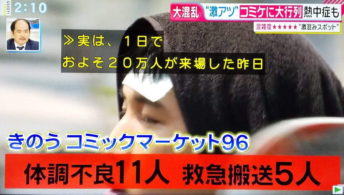 本日（8/12）フジTV「グッディ」で
激混みスポットとしてコミケを放送

・人出が多い
・参加者が暑さ対策をしている（人もいる）
・昨11日は不手際もあり急病者が頻出した

わずか3分間程度、表面を撫でるだけの内容でしたが
昨日… 
