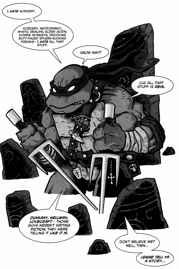Eric Talbot. The story Raph's telling us is how a Foot clan mystic uses the worm clone Shredder from Return to New York to reincarnate Shredder as a giant shark man. Because this is Ninja Turtles.