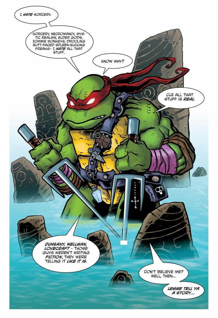 Eric Talbot. The story Raph's telling us is how a Foot clan mystic uses the worm clone Shredder from Return to New York to reincarnate Shredder as a giant shark man. Because this is Ninja Turtles.