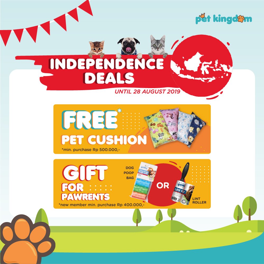 Happy Monday, Pawrents! Ada gift berupa lint roll atau dog poop bag untuk kamu yang mendaftar sebagai member baru dengan minimal belanja Rp400.000.

Dapatkan juga FREE Pet Cushion dengan minimal belanja Rp500.000.

Ayo ke Pet Kingdom hari ini dan belanja kebutuhan anabulmu