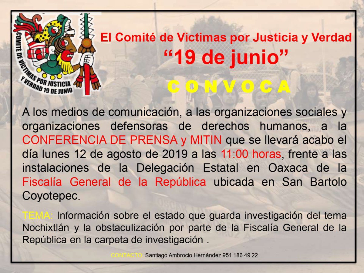 ExpressionOax's tweet photo. El Comite de Víctimas de Nochixtlán convoca a conferencia de prensa frente a la @FGR_Oax. Se prevén bloqueos y tomás de dependencias el día de mañana. https://t.co/gZJU55GPer