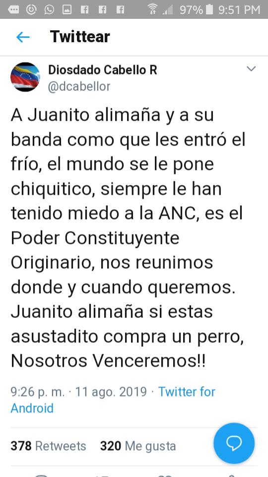 latablablog's tweet photo. Estos son los dos enigmáticos tuits de @dcabellor anunciando una sesión especial de la ANC prevista para mañana e informando que los diputados de oposición en la AN están "arrancando en desbandada": el término describe una "huida tumultuosa" https://t.co/95QnAYYemq