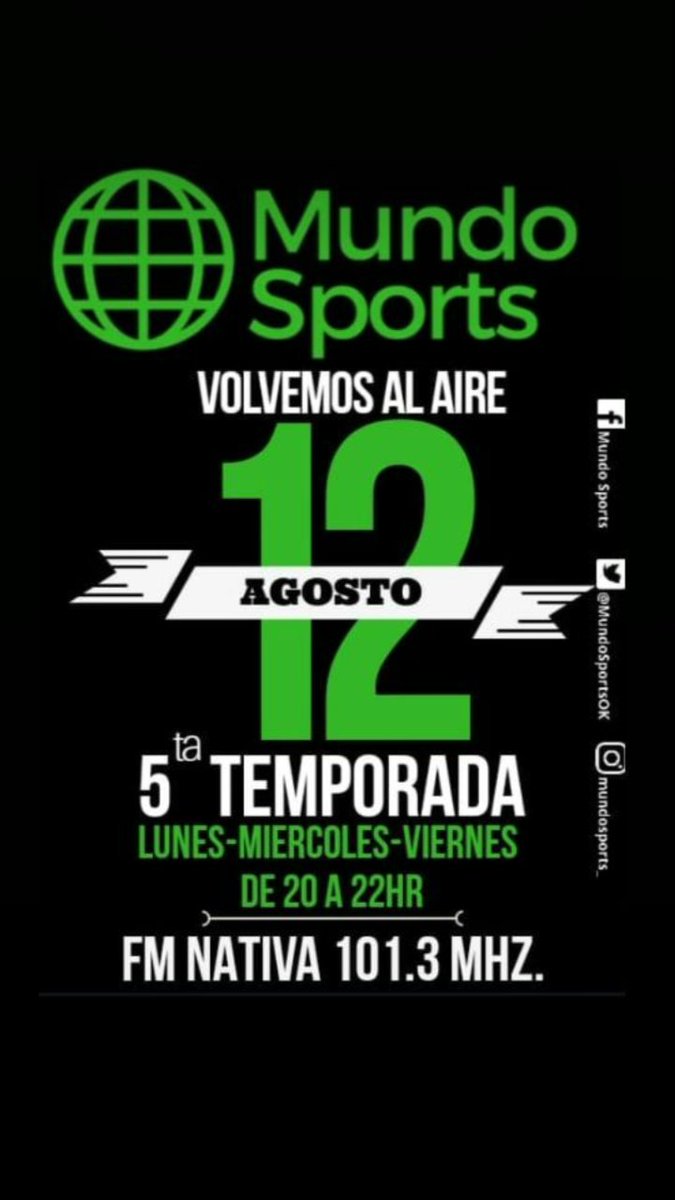 mundosportsok's tweet photo. Maña volvemos!!!
Arranca una nueva temporada de #MundoSports por @FmNativaSalta
A partir de las 20 hr . https://t.co/0qIcSHYz8t