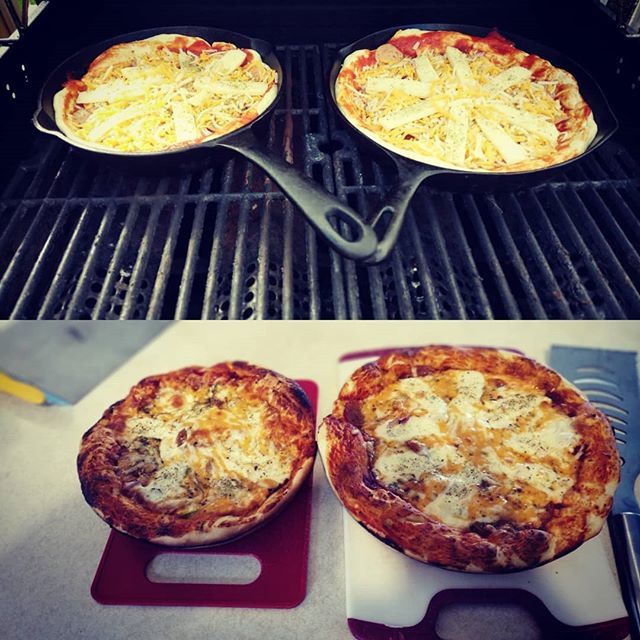 CaptKap's tweet photo. Cast iron skillet pizza on the BBQ. #Paleofail but I care not. https://t.co/jzMvutVGN7 https://t.co/ctbEpv3Al6