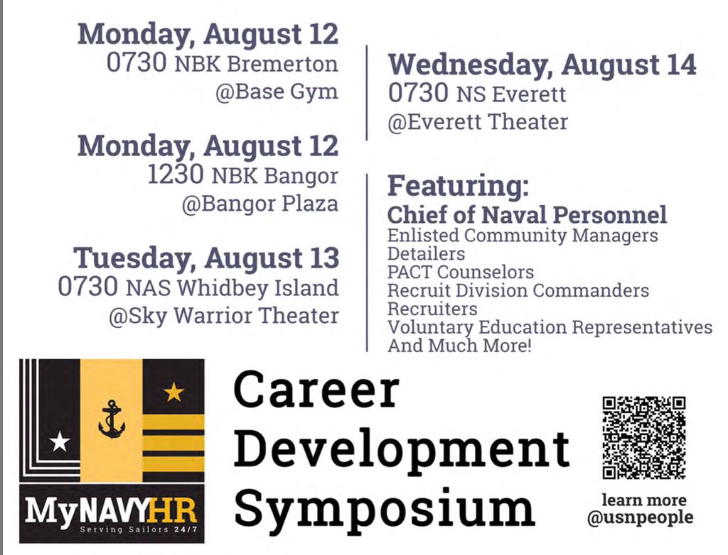 MyNAVYHR's tweet photo. 🚨STARTING TOMORROW🚨
🔥 Take Charge of Your Career! 🔥
MyNavy HR Career Development Symposium
⚓️ Q&A with Leadership
⚓️ Meet your Detailer and Community Manager
⚓️ PACT Sailors — Get rated!
#CDSPNW
Follow the story LIVE on Navy Detailers Facebook page https://t.co/uEiZhGvNZW