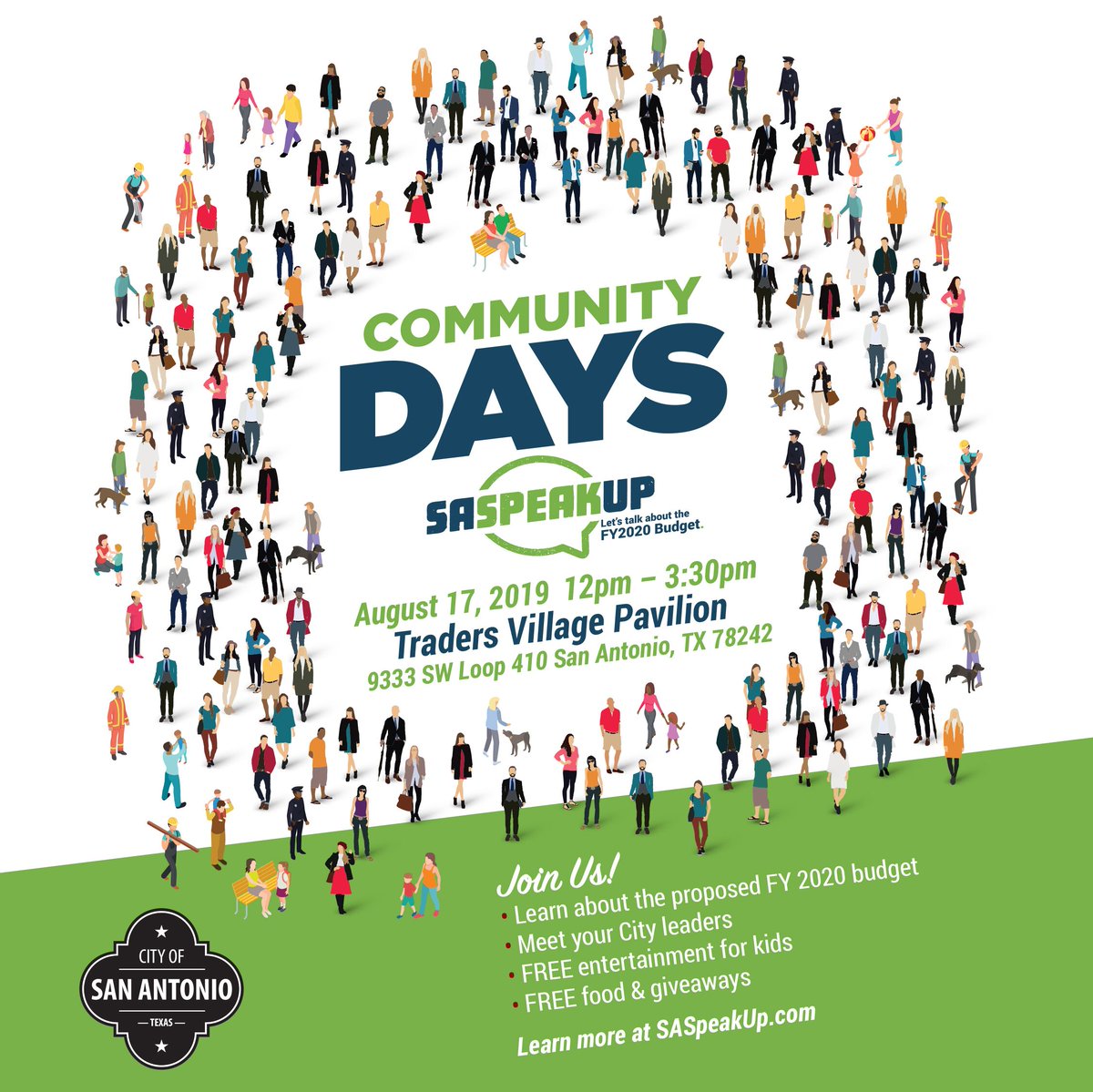 SASpeakUp's tweet photo. Get ready to see your bright ideas in action at an upcoming #SASpeakUp Community Day! Join us on Aug. 17 or Aug. 24 to learn about your City budget, talk with City leaders and enjoy #FREE food, activities, and giveaways! Get all the details at https://t.co/GioRpSS09E. https://t.co/6BkSnIpeCn