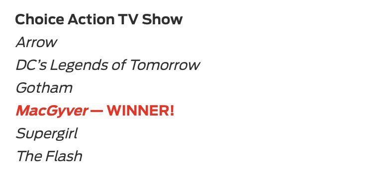 dailylucastill's tweet photo. CONGRATULATIONS TO THE ENTIRE CAST &amp; CREW OF #MacGyver FOR WINNING #ChoiceActionTVShow AT THE 2019 TEEN CHOICE AWARDS!

@lucastill @JustinHires @Trizzio @MerEaton @PLenkov @MacGyverWriters https://t.co/vJPF60UCqx