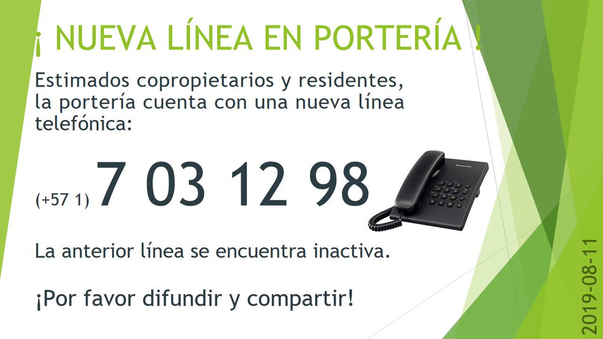 ConjuntoPasteur's tweet photo. Buen día vecinos. Por favor tener en cuenta el nuevo número telefónico de la portería. Por favor compartir y difundir. Gracias. #yosoypasteur https://t.co/9Dzn3f5YR6
