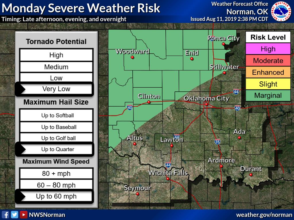 NWSNorman's tweet photo. A few strong to severe thunderstorms will be possible across northern and western OK late Monday afternoon thru early Tue morning. Wind gusts up to 60 mph and small hail up the size of quarters will be possible. #okwx https://t.co/OmhQIj0YbI