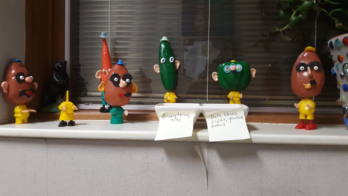 Twitter wants me to tag the people in this photo. From right: Mr Potato Head, bear, Mr. Carrot Head, MPH2, Mr. Cucumber Head, Mr. Green Pepper Head and MPH3. They're like the Kardashians, but more interesting.