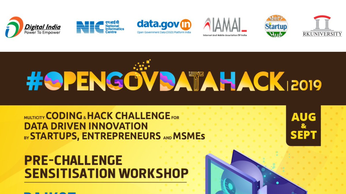 RKUniversity's tweet photo. Under the aegis of #NationalInformaticsCentre (https://t.co/LJ4dOIITx6), #IAMAI is organizing a multicity Coding &amp; Hack Challenge across the country, for the #MSME, #startups and student-startups. 
#rku #opengovdatahack #nic #datagovin #prehackathon https://t.co/FDA2YAUcEr