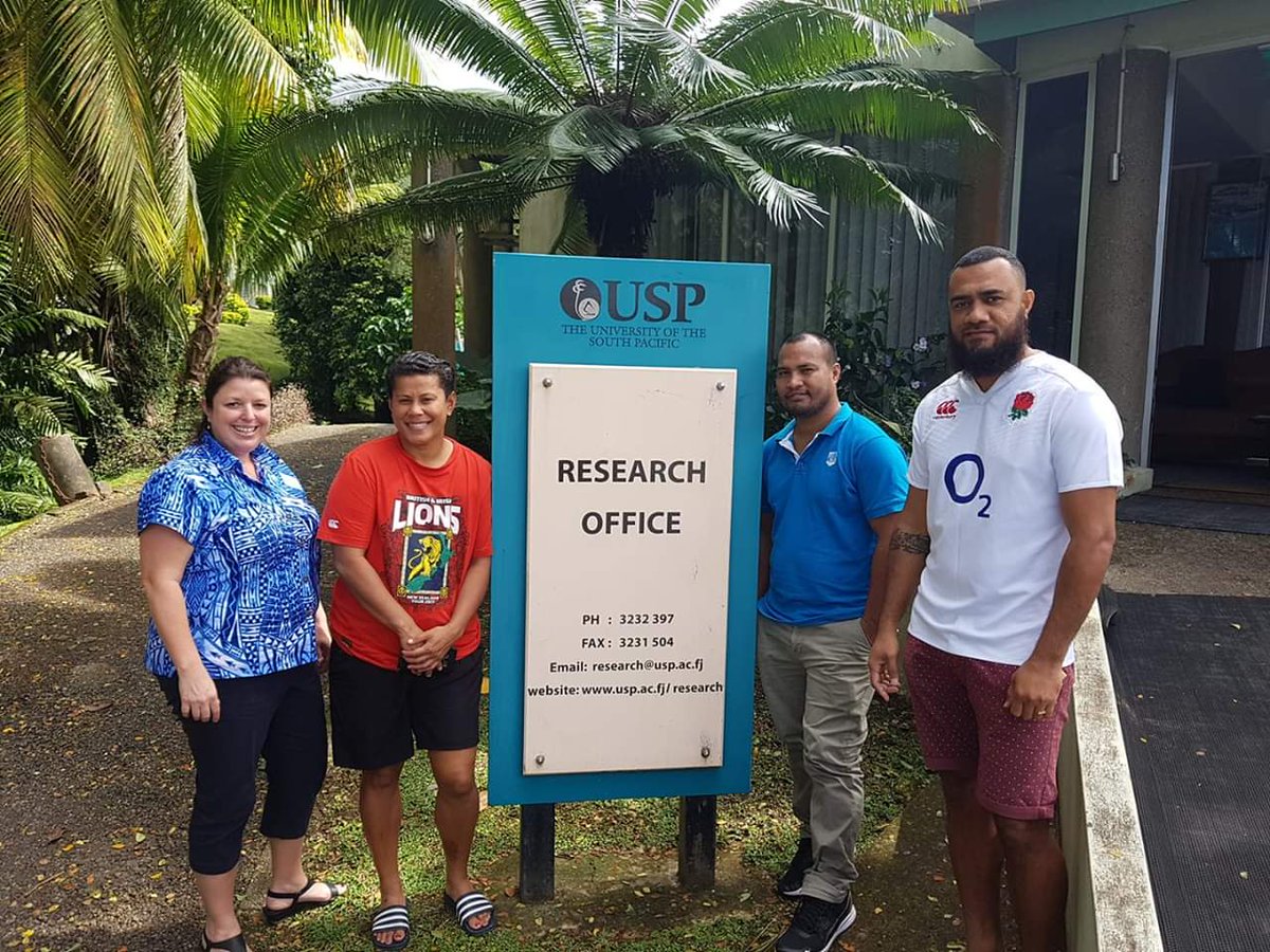 sportmattersAU's tweet photo. Meet the inaugural three scholarship recipients for the Pacific Regional Sports Research Scholarships at @UniSouthPacific  Koini Vuli (Fiji), Kiali Molu (Tuvalu) &amp; Taburimai Tewaki (Kiribati) met up with our CEO last week at the USP Research Office. https://t.co/t3Cf6hXlhm https://t.co/cNOdGJApoc