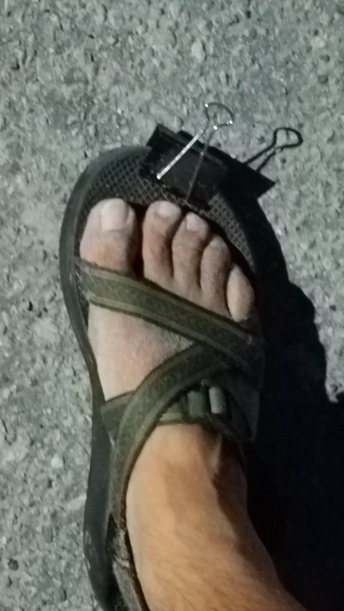 rrrobwalters's tweet photo. I've been wearing Chacos since 2001. My first pair lasted 12 years until the sole wore out. My next 3 pairs haven't lasted but 2 years each because the sole delaminates... time to go back to your old quality @chacousa! Had to rock the binder clip for the final 2 days of vacation! https://t.co/SyXK5PJKkL