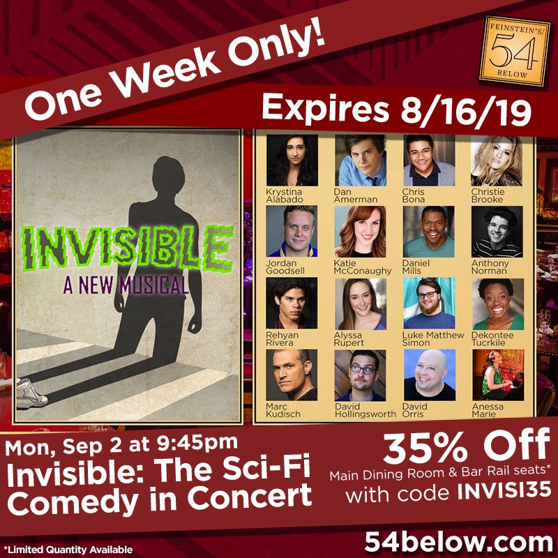 INVISIBLE (@invisible_show) on Twitter photo FLASH SALE! 35% off with code: INVISI35 (ends 8/16)! Don’t miss INVISIBLE in concert <a href="/54Below/">54 Below</a> on 9/2 (Labor Day), directed by the brilliant <a href="/MarcKuds/">Marc Kudisch</a> with an incredible cast led by Anthony Norman (<a href="/ThePromMusical/">Prom Musical</a>) & <a href="/KrystinaAlabado/">krystina alabado</a> (<a href="/MeanGirlsBway/">nicole ♡</a>). TIX: 54below.com/events/invisib… FLASH SALE! 35% off with code: INVISI35 (ends 8/16)! Don’t miss INVISIBLE in concert <a href="/54Below/">54 Below</a> on 9/2 (Labor Day), directed by the brilliant <a href="/MarcKuds/">Marc Kudisch</a> with an incredible cast led by Anthony Norman (<a href="/ThePromMusical/">Prom Musical</a>) & <a href="/KrystinaAlabado/">krystina alabado</a> (<a href="/MeanGirlsBway/">nicole ♡</a>). TIX: 54below.com/events/invisib…