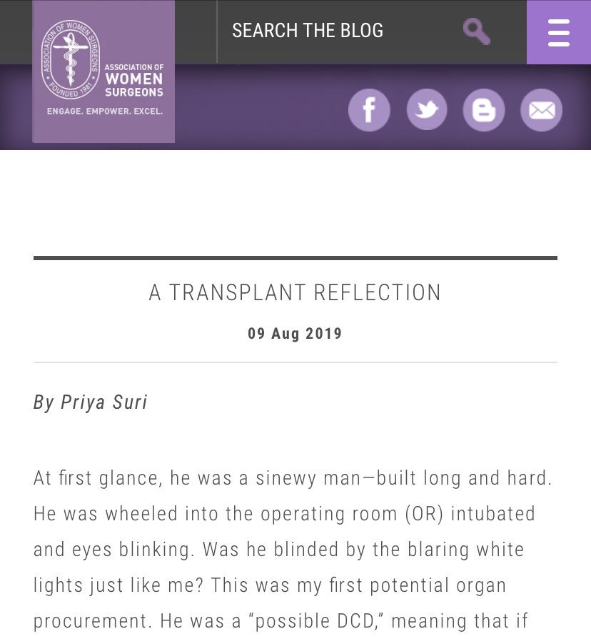 Another thoughtful reflection on the gift of life. Thank you Priya Suri for sharing w/us

blog.womensurgeons.org/medical-studen…

#AWSblog #organdonation #medstudent #MedStudentTwitter #SurgTweeting