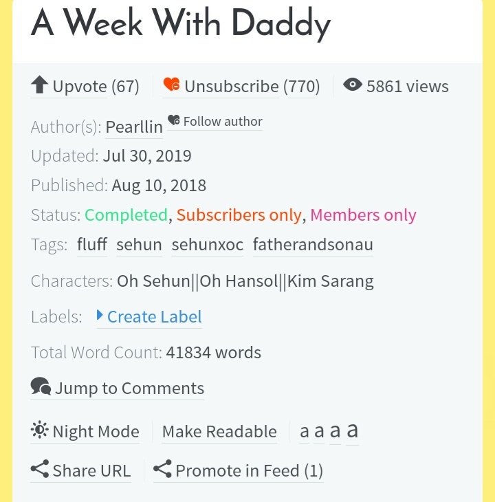 A Week With DaddyCompletedOh Sehun x Oh Hansol x OCFluff, daddyohsehunEveryone need a break ㅠㅠ https://www.asianfanfics.com/story/view/1361857/a-week-with-daddy