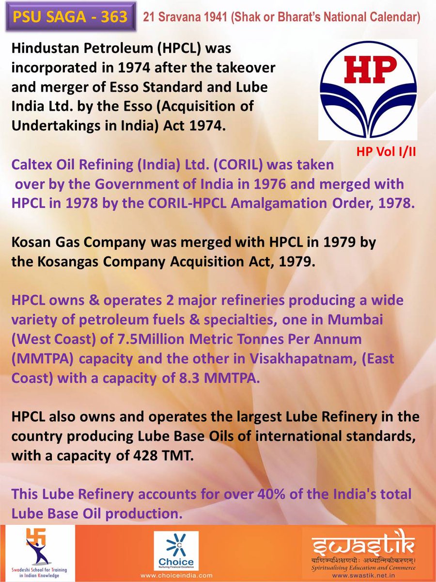 Hindustan Petroleum (HPCL) was incorporated in 1974 after the takeover  and merger of Esso Standard and Lube 
India Ltd. by the Esso (Acquisition of Undertakings in India) Act 1974.  #PSU