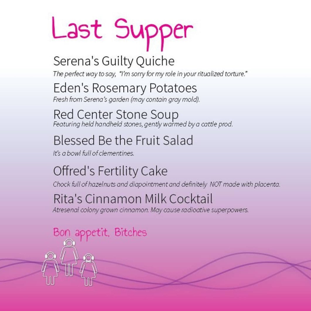 We have an end of season tradition where we make a Handmaid's Tale inspired season finale dinner. Aside from the obvious Lydia's "Da Club" Chili, what else should we serve this year? Here's last year's menu for inspiration.