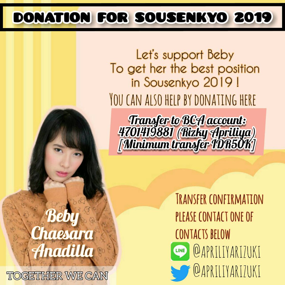 [Beby Oshi Project]
Teman-teman, ayo bawa Beby kembali memasuki jajaran senbatsu di event Sousenkyou JKT48 tahun ini!

Untuk donasi, kalian bisa kirim ke rekening BCA sesuai dengan poster di bawah ini ya.
Mohon untuk segera konfirmasi jika sudah transfer!
Terima kasih ~